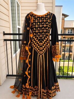 Black orange embroidered dress, tassels, Mirror Work 3pcs Anarkali - Southasian